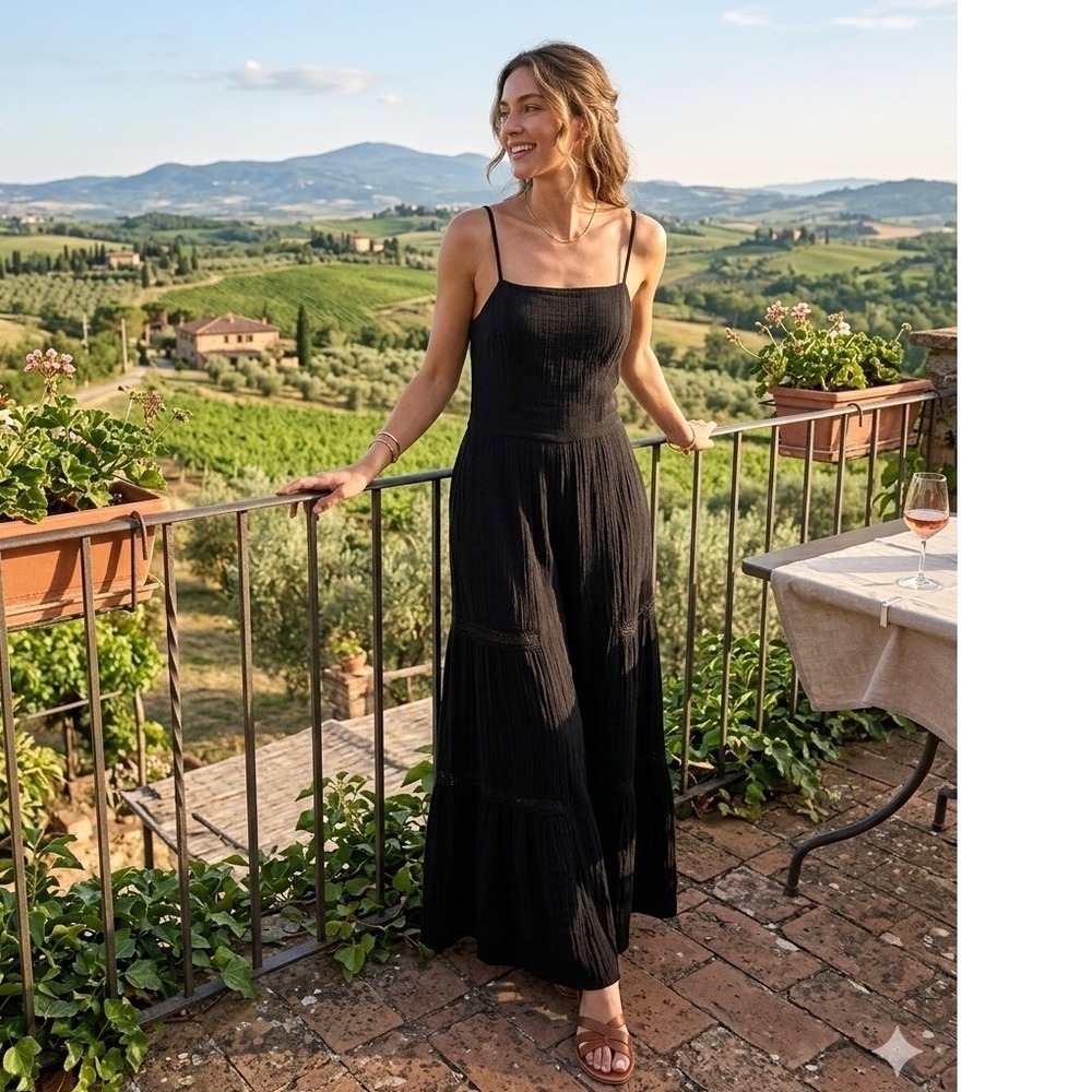 June & Hudson Black Wide Leg Jumpsuit Sleeveless Tiered Lace Smocked Back L